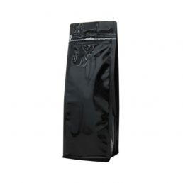 Bolsa de café de fondo plano con cierre de frente - brillante negro