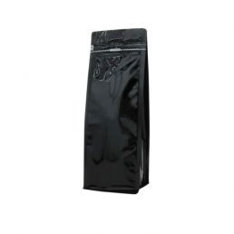 Bolsa de café de fondo plano con cierre de frente - brillante negro